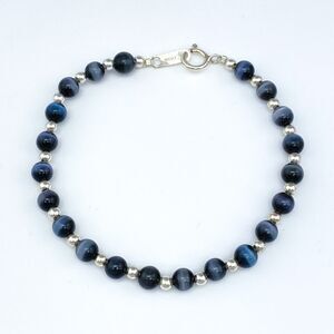 New Women's Sterling Silver 925 Black Synthetic Cat's Eye Beaded Bracelet 7.25"